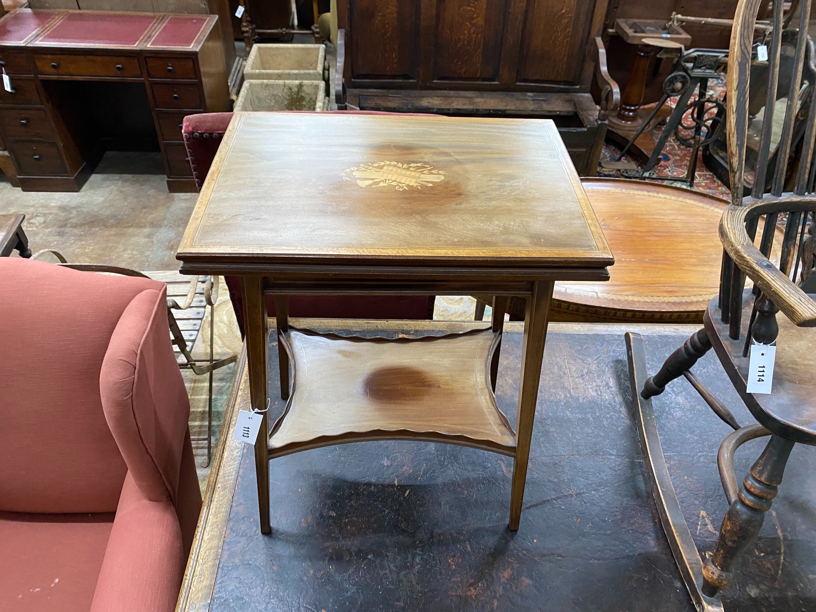 An Edwardian inlaid mahogany rectangular folding tea table, width 51cm, depth 38cm, height 65cm